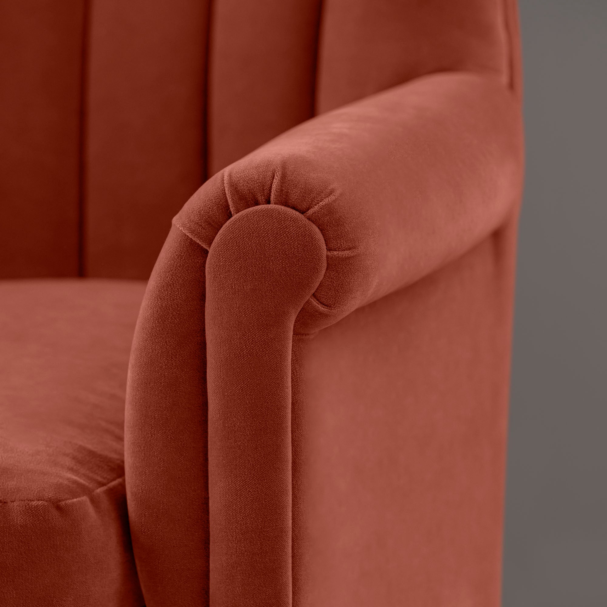 Time Out Armchair in Intelligent Velvet Sienna, Arm Design Closeup - NiX