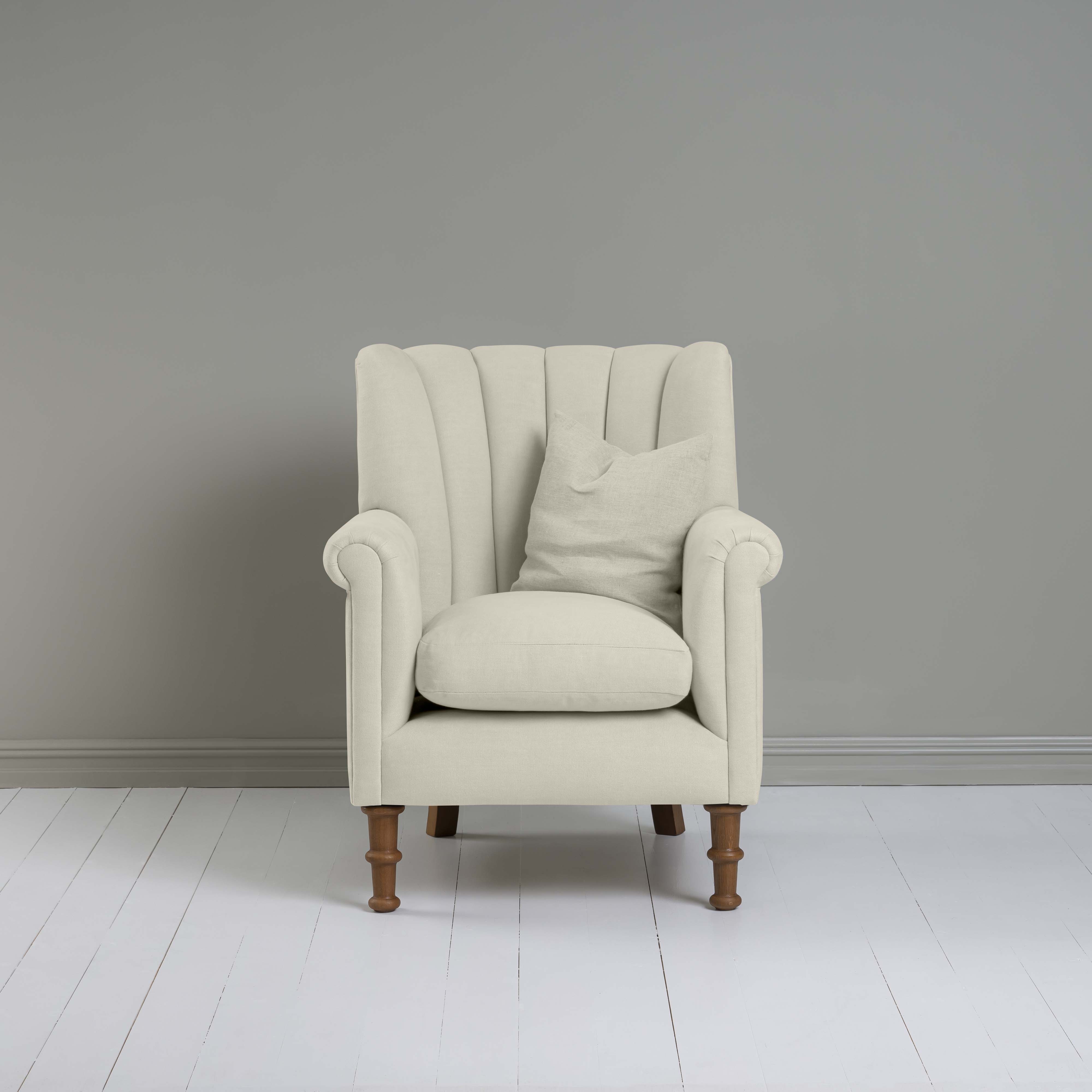 Time Out Armchair in Laidback Linen Dove, Front View With Matching Cushion - NiX