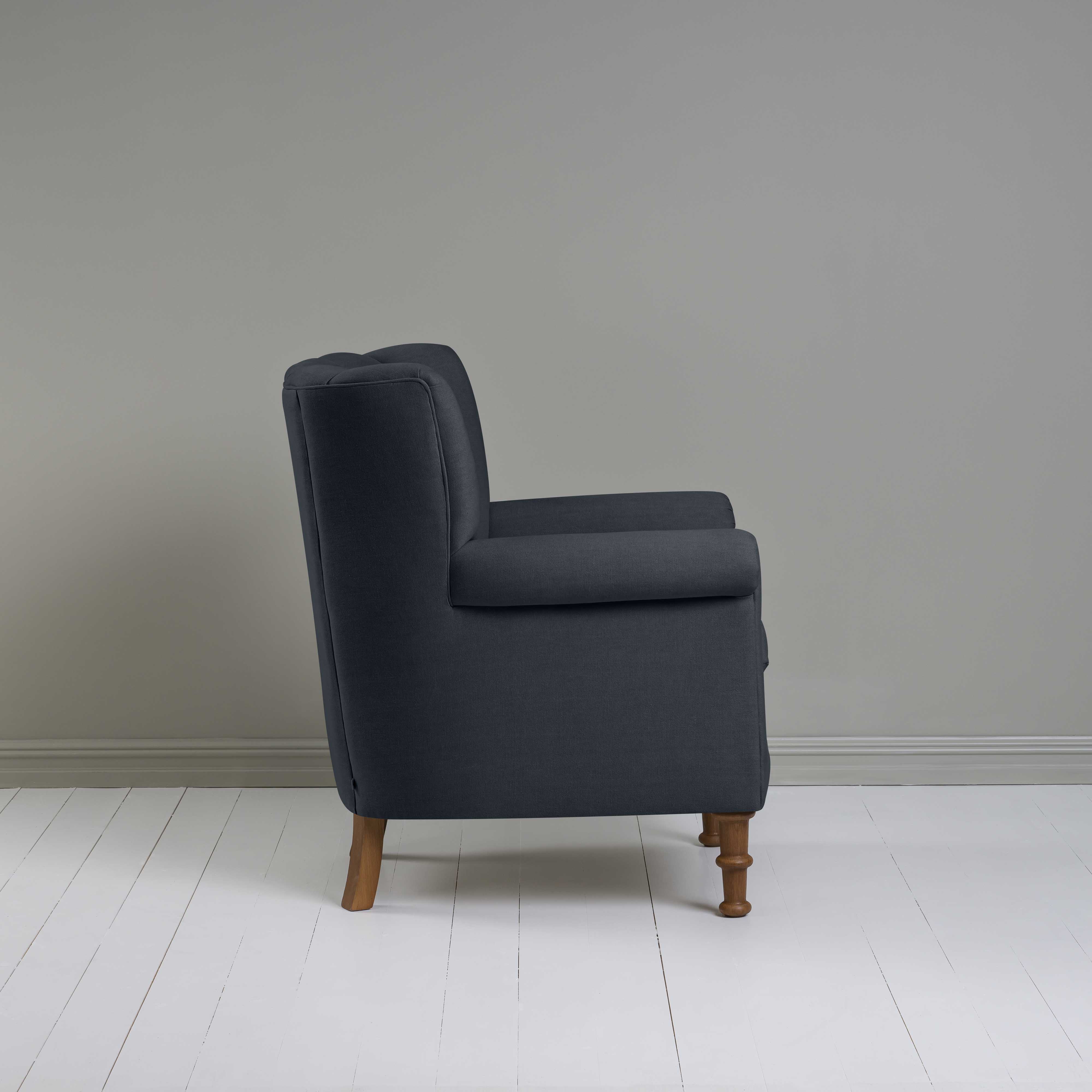 Time Out Armchair in Laidback Linen Midnight, Side View - NiX