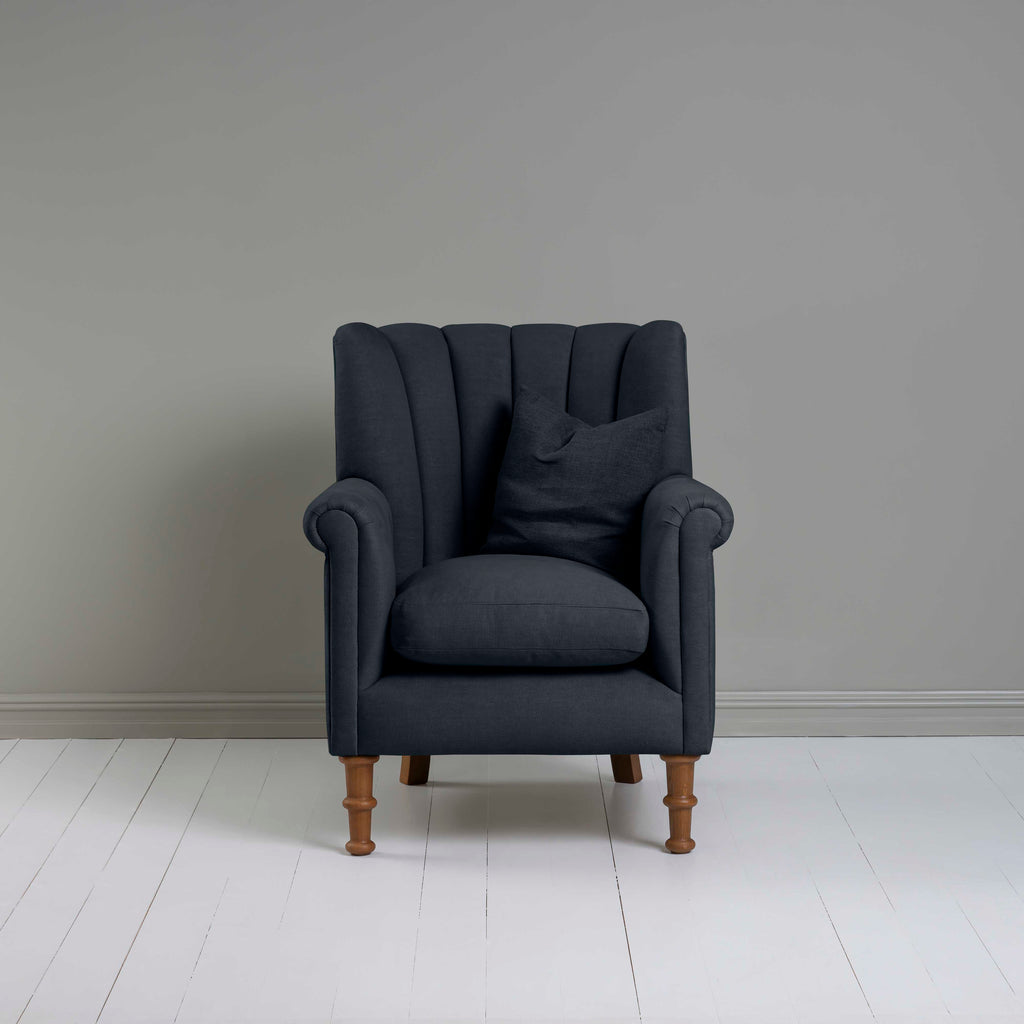 Time Out Armchair in Laidback Linen Midnight, Front View With Matching Cushion - NiX