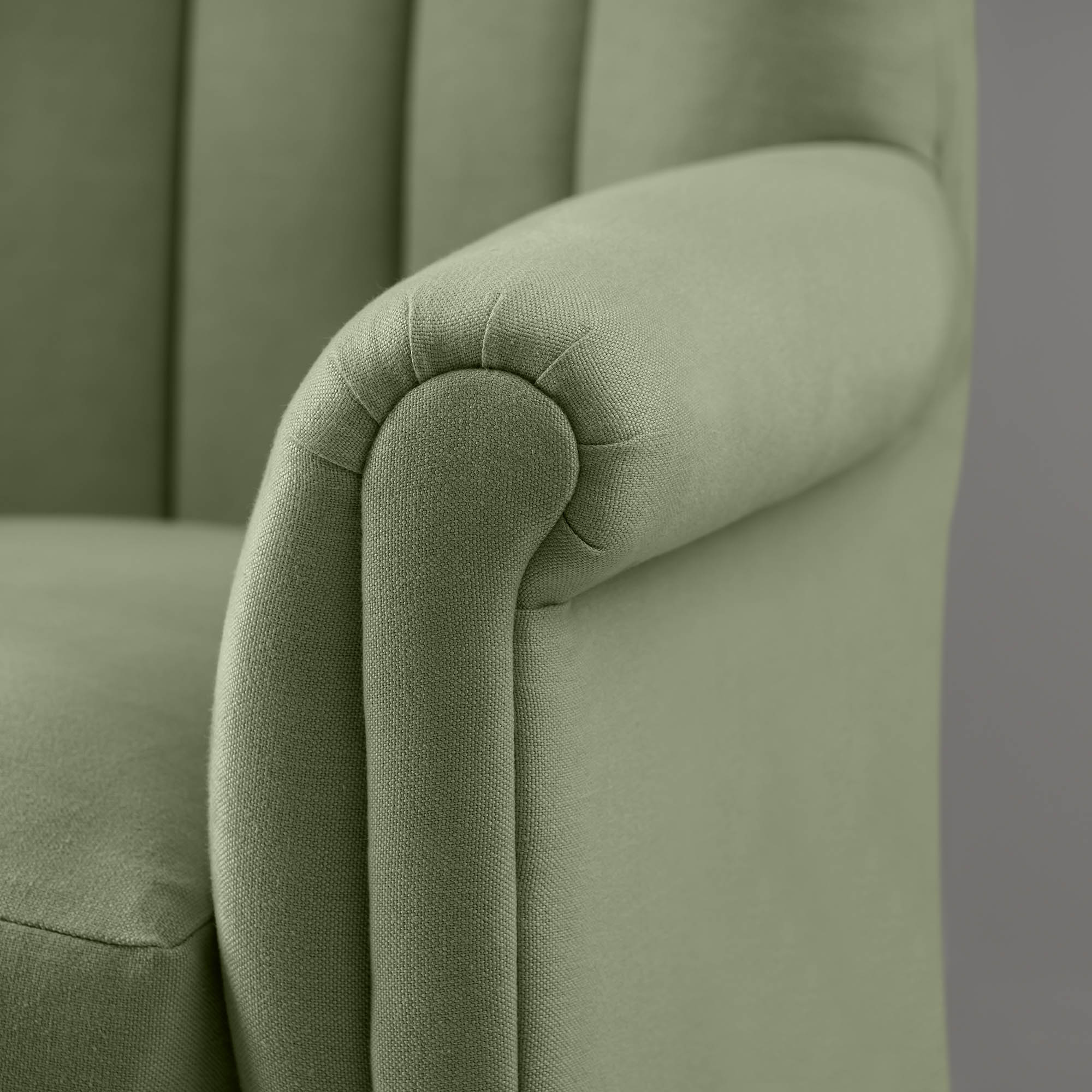 Time Out Armchair in Laidback Linen Moss, Arm Closeup Design - NiX