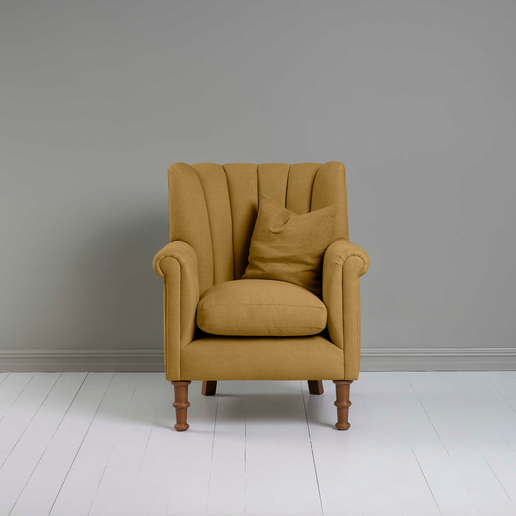 Time Out Armchair in Laidback Linen Ochre, Front View With Matching Cushion - NiX