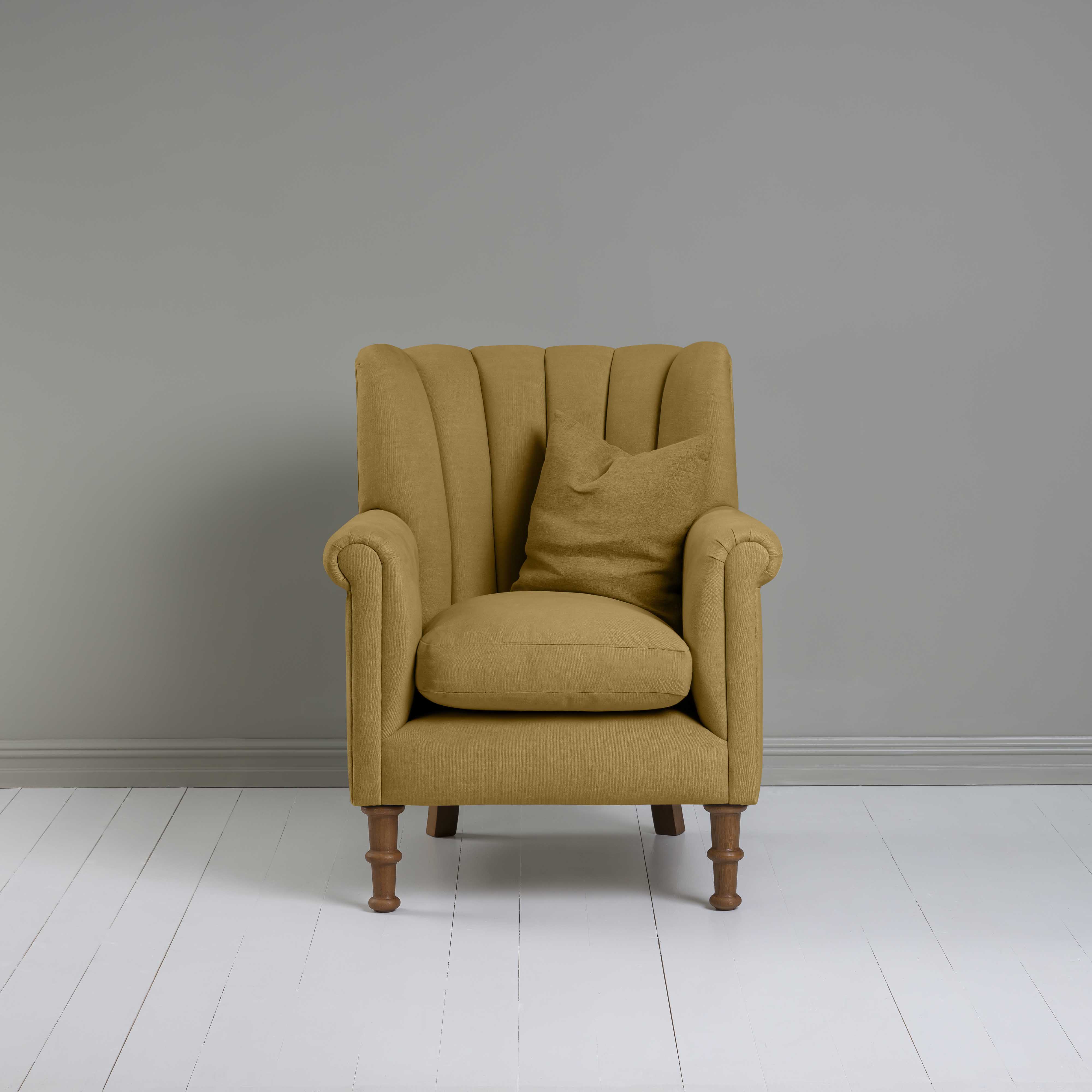 Time Out Armchair in Laidback Linen Ochre, Front View With Matching Cushion - NiX