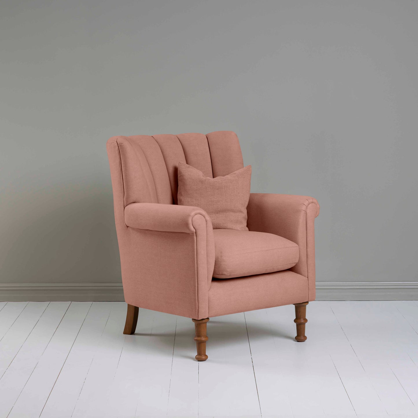 Time Out Armchair in Laidback Linen Roseberry, Side View With Matching Cushion - NiX