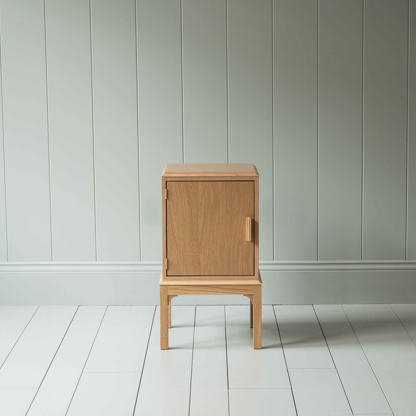 Front View of Bits and Bobs Bedside Table, Natural Oak, Left Hand Side - Nicola Harding