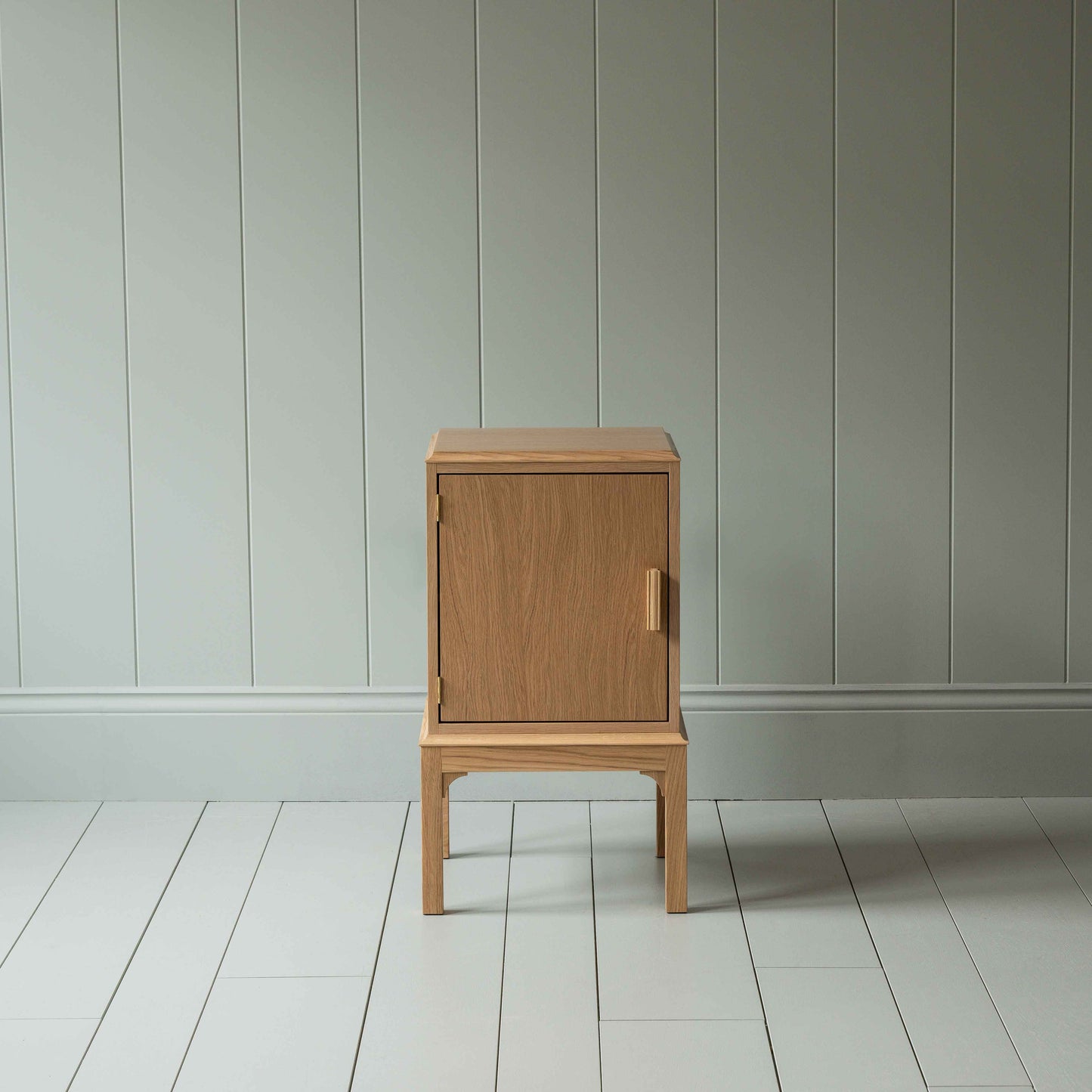 Front View of Bits and Bobs Bedside Table, Natural Oak, Left Hand Side - Nicola Harding