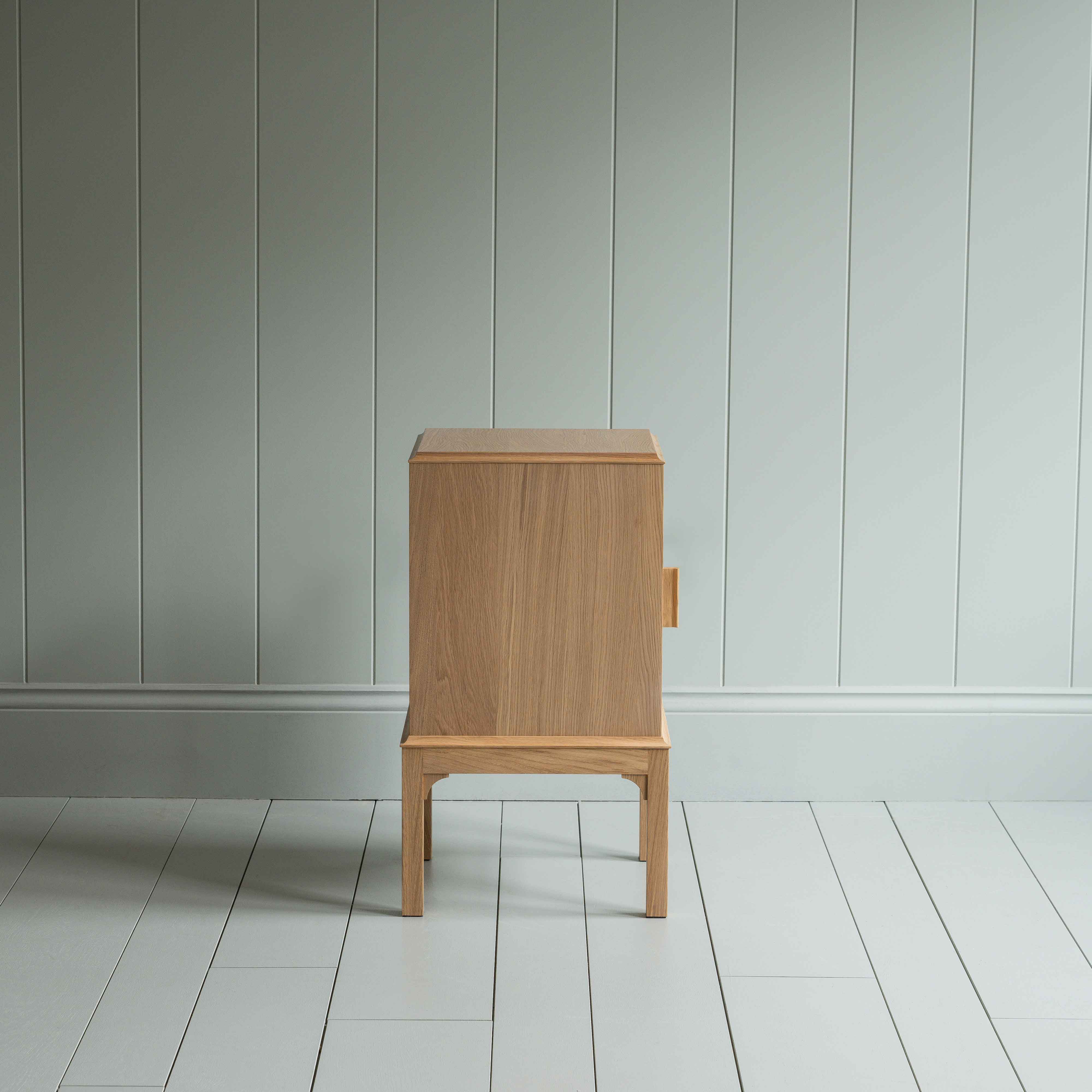 Side View of Bits and Bobs Bedside Table, Natural Oak, Right Hand Side - Nicola Harding