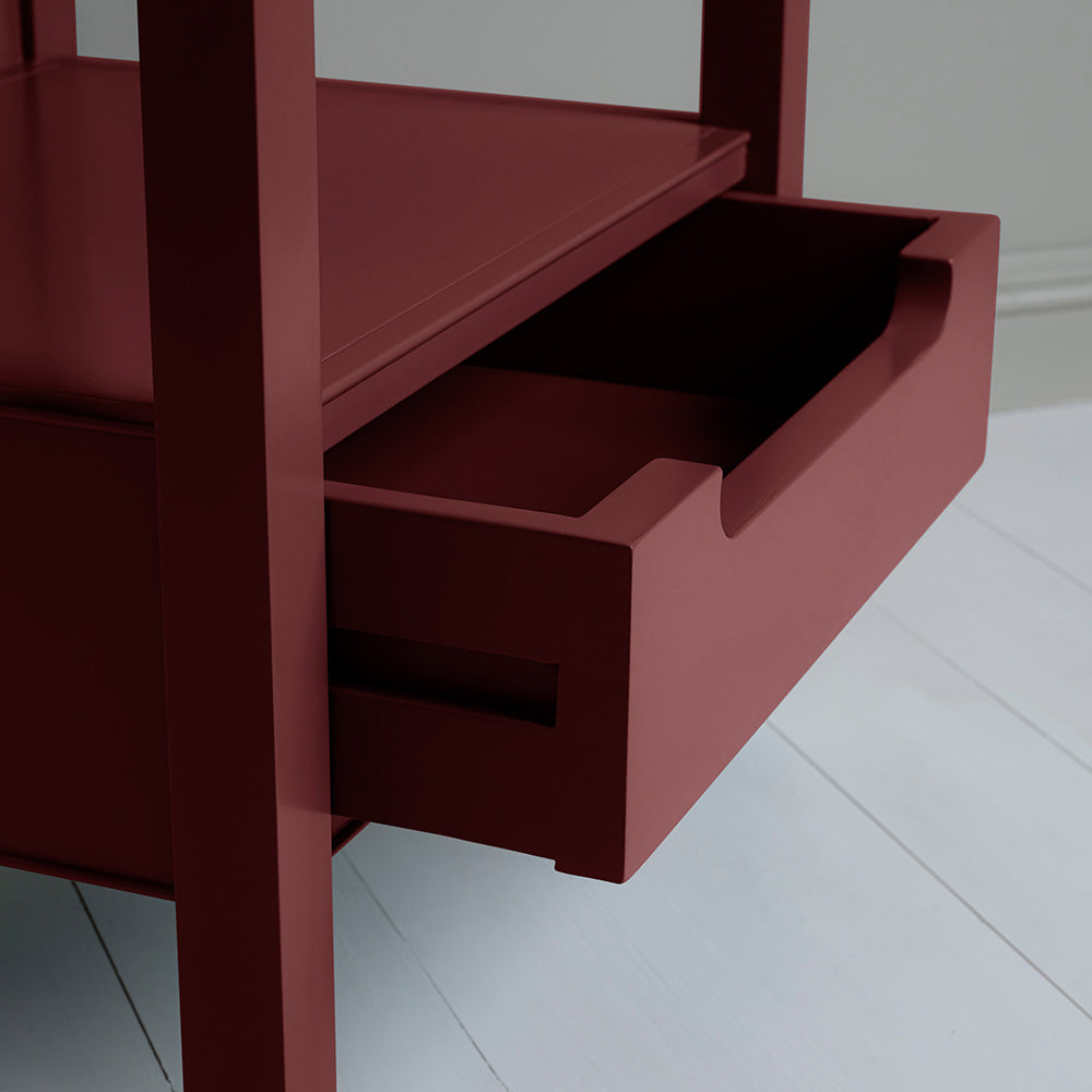 Slumber Red Bedside Table, Open Drawer Closeup - NiX By Nicola Harding & Co.