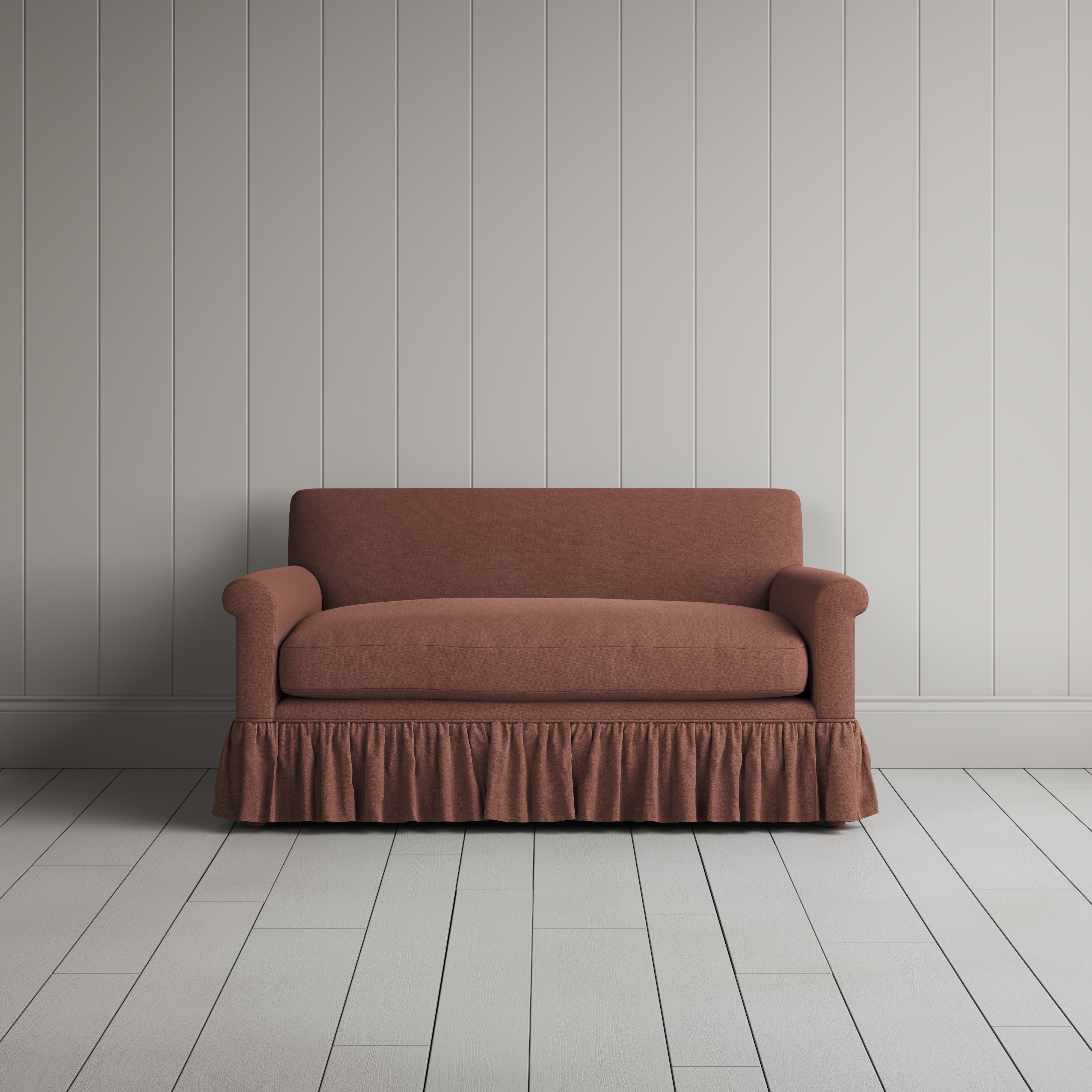 Front portrait of the Laidback Linen Curtain Call love seat by Nicola Harding interiors.
