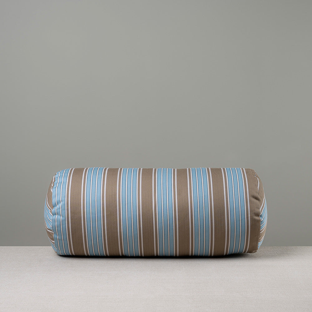 Front Side of Bask Bolster Cushion in Regatta Cotton, Blue - Nicola Harding