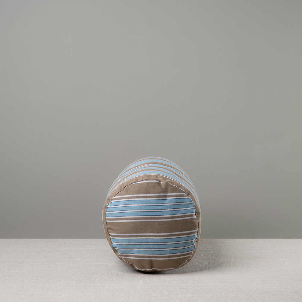 Side View of Bask Bolster Cushion in Regatta Cotton, Blue - Nicola Harding