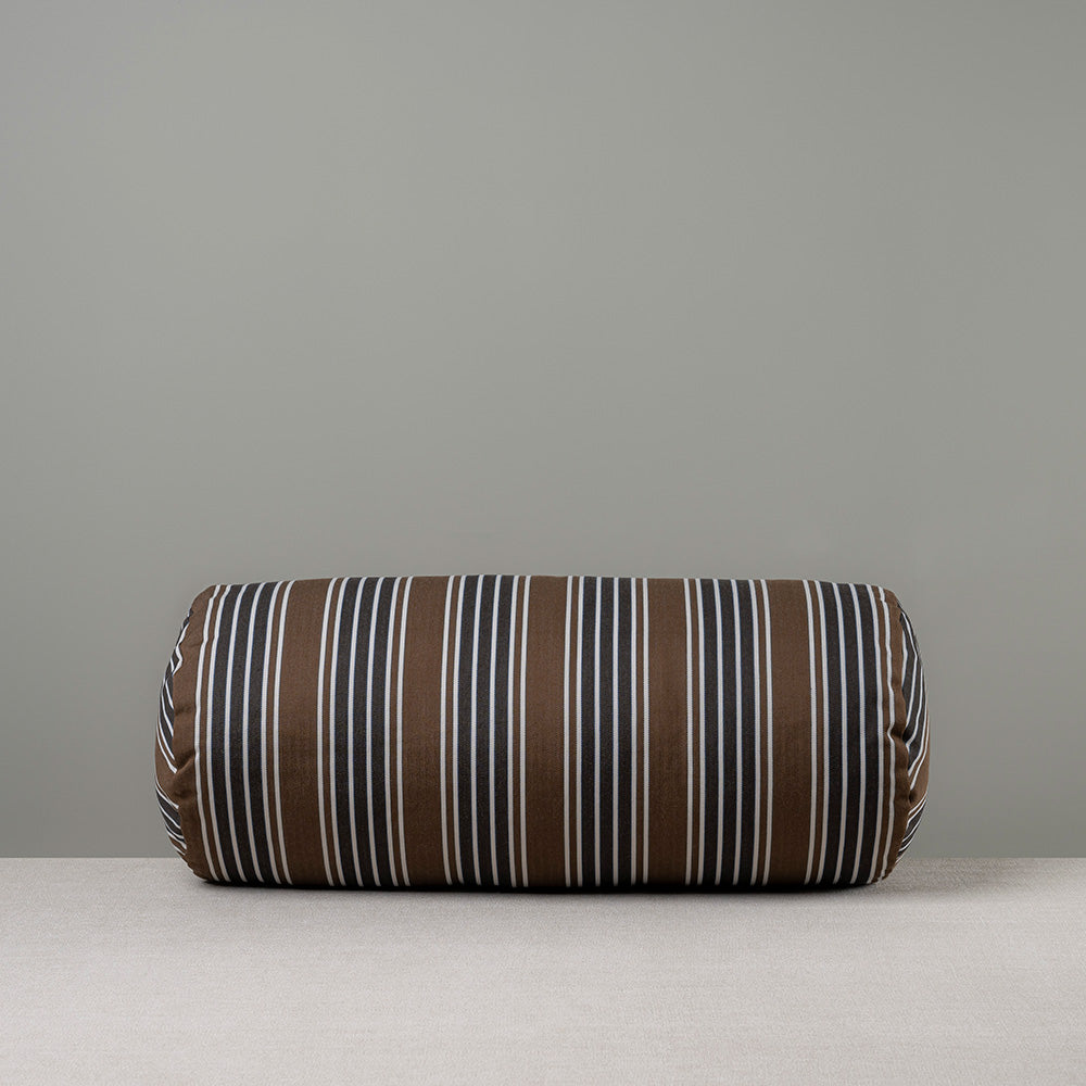Front Side of Bask Bolster Cushion in Regatta Cotton, Charcoal - Nicola Harding
