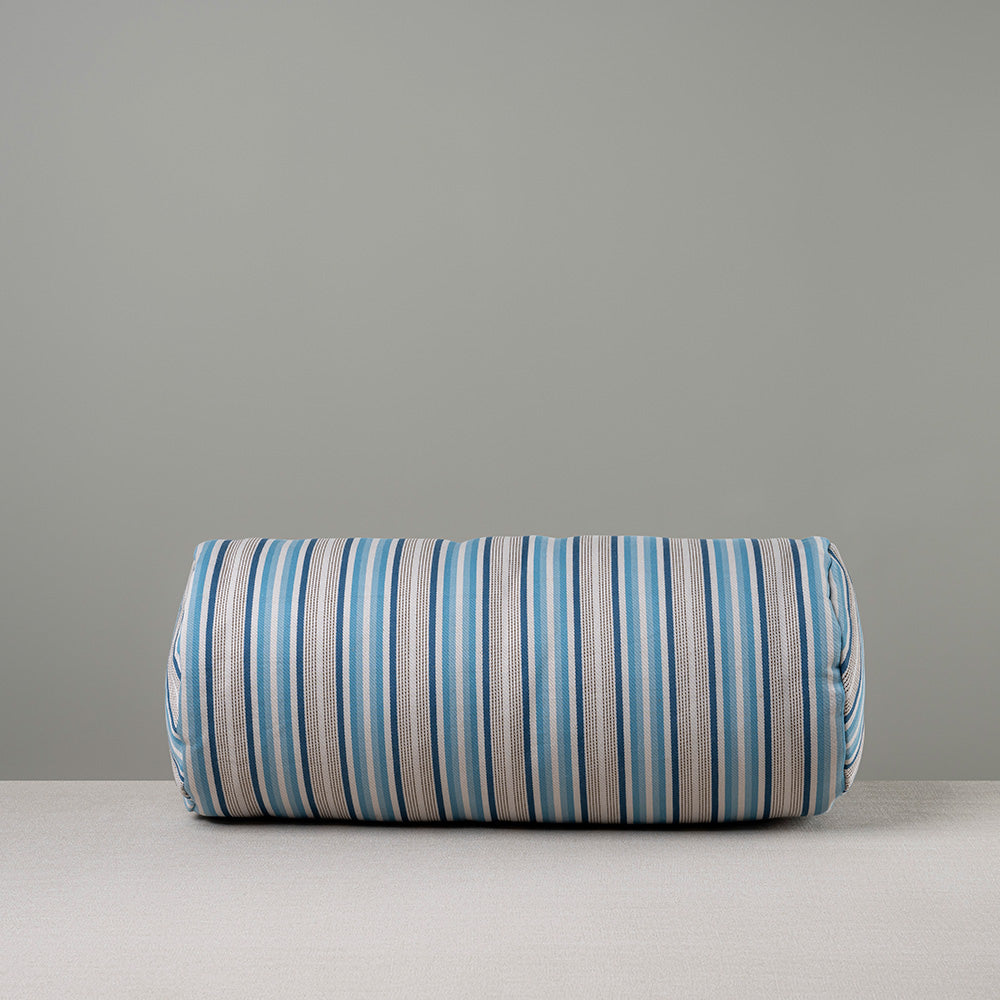 Front Side of Bask Bolster Cushion in Slow Lane Cotton Linen, Blue - Nicola Harding