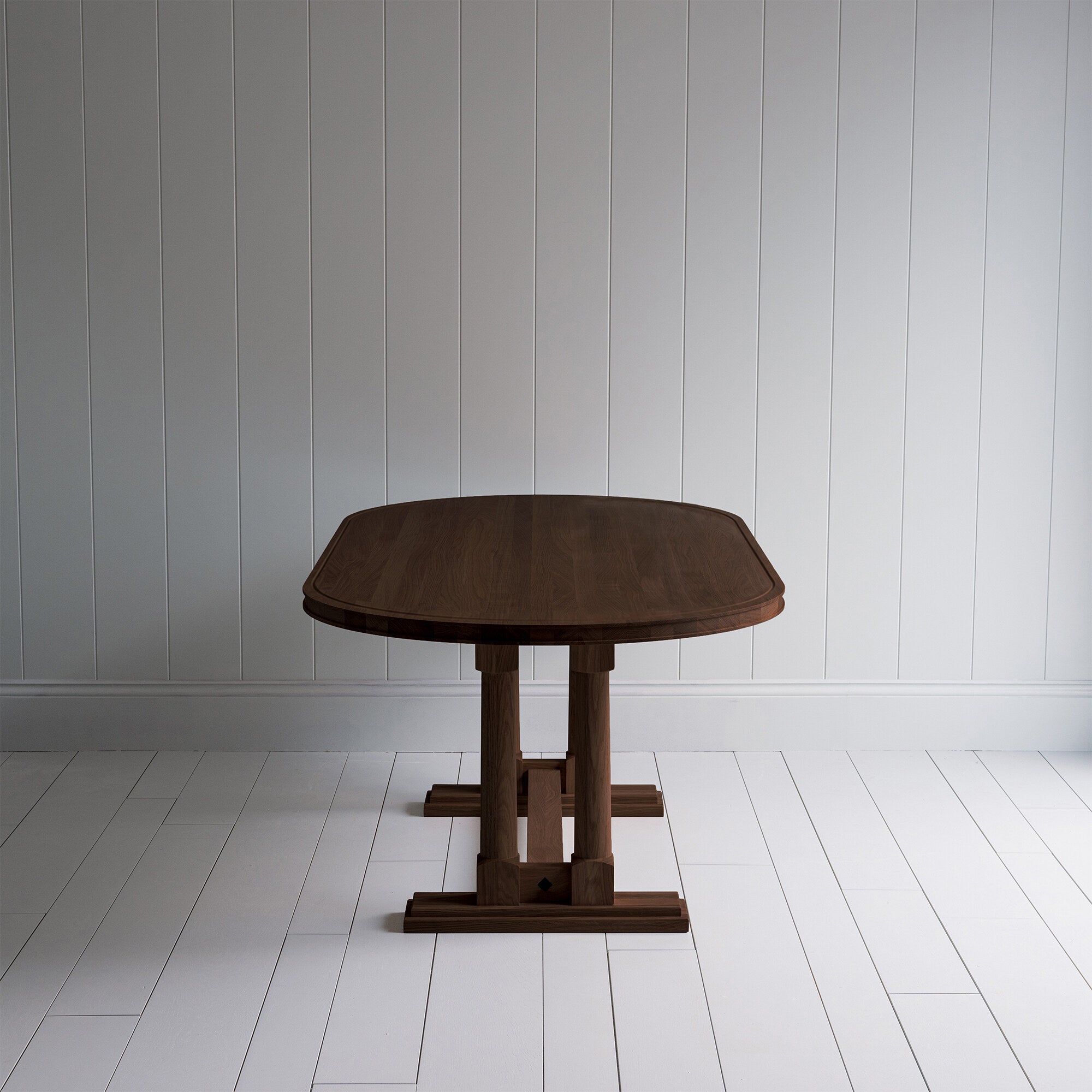 Side View of Tuck-In Oval Dining Table in Smoky Stained Oak - By NiX