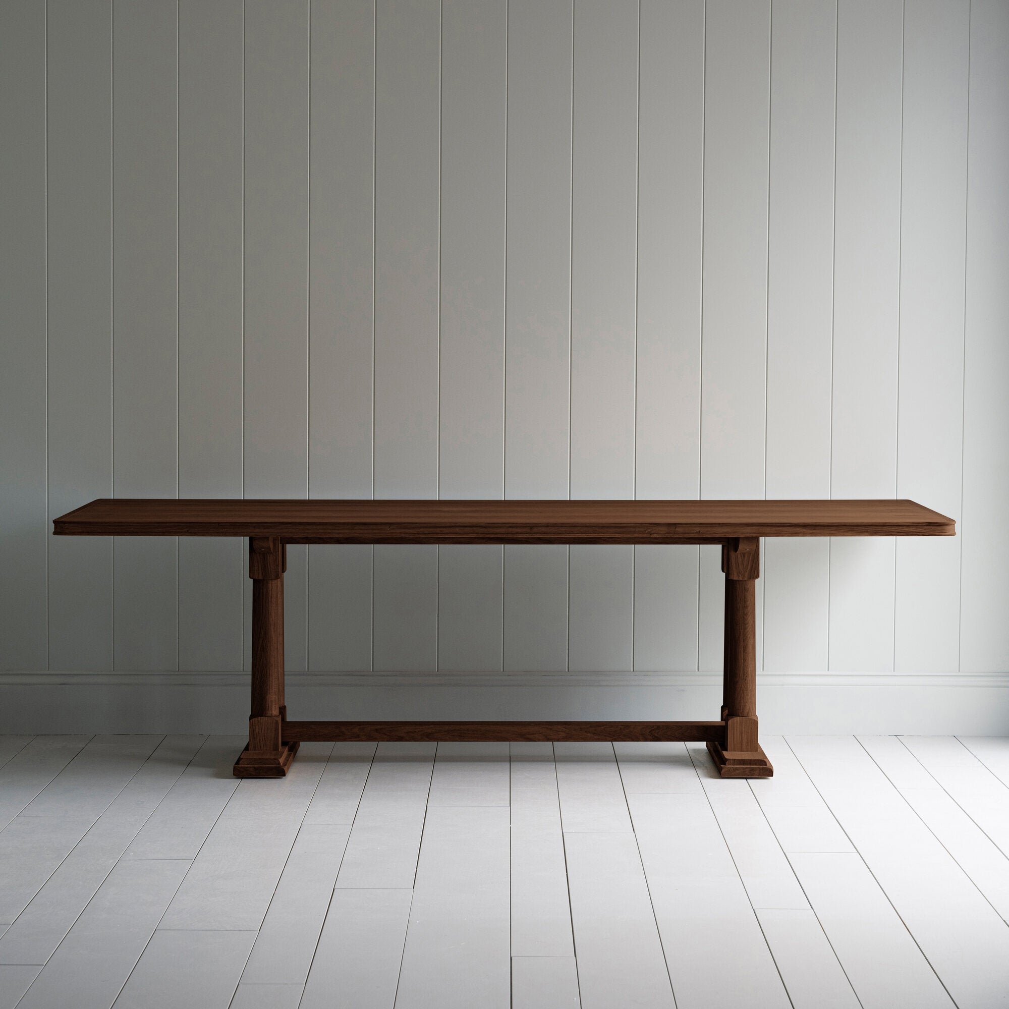 Tuck In rectangular dining table in smoky stained oak wood, by NiX.