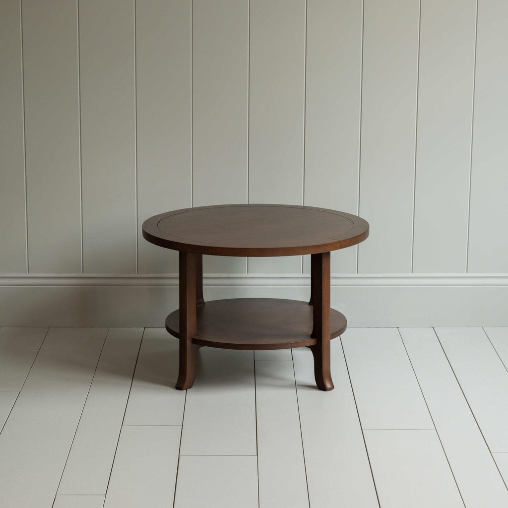 Round coffee table in smoky stained oak Manufacture in London By NiX Furniture Studio