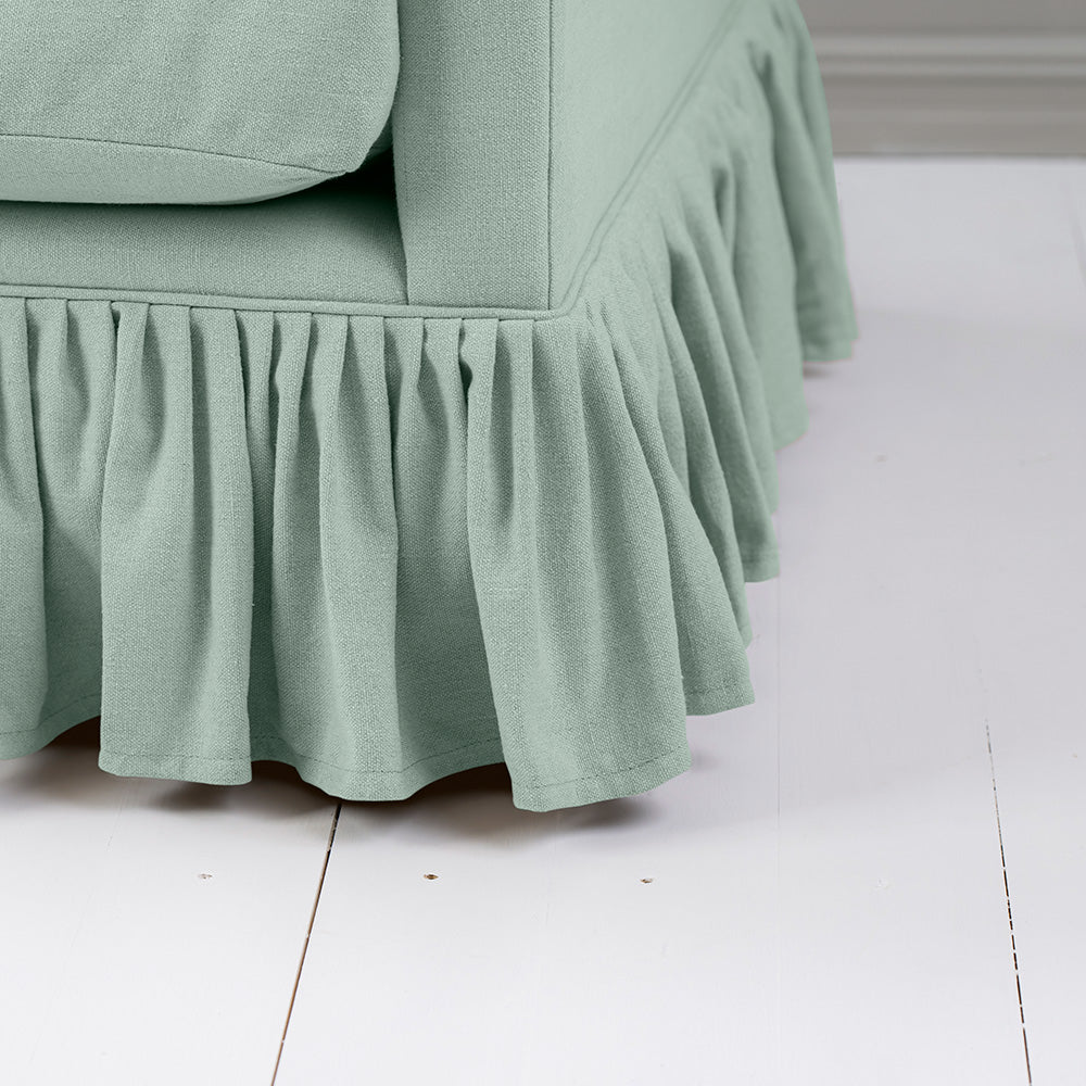 Ruffled Design Closeup of Curtain Call Armchair in Laidback Linen Sky - Nicola Harding & Co.