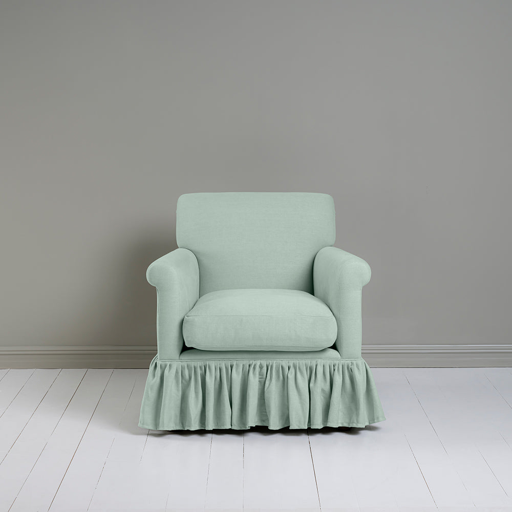 Front View of Curtain Call Armchair in Laidback Linen Sky - Nicola Harding