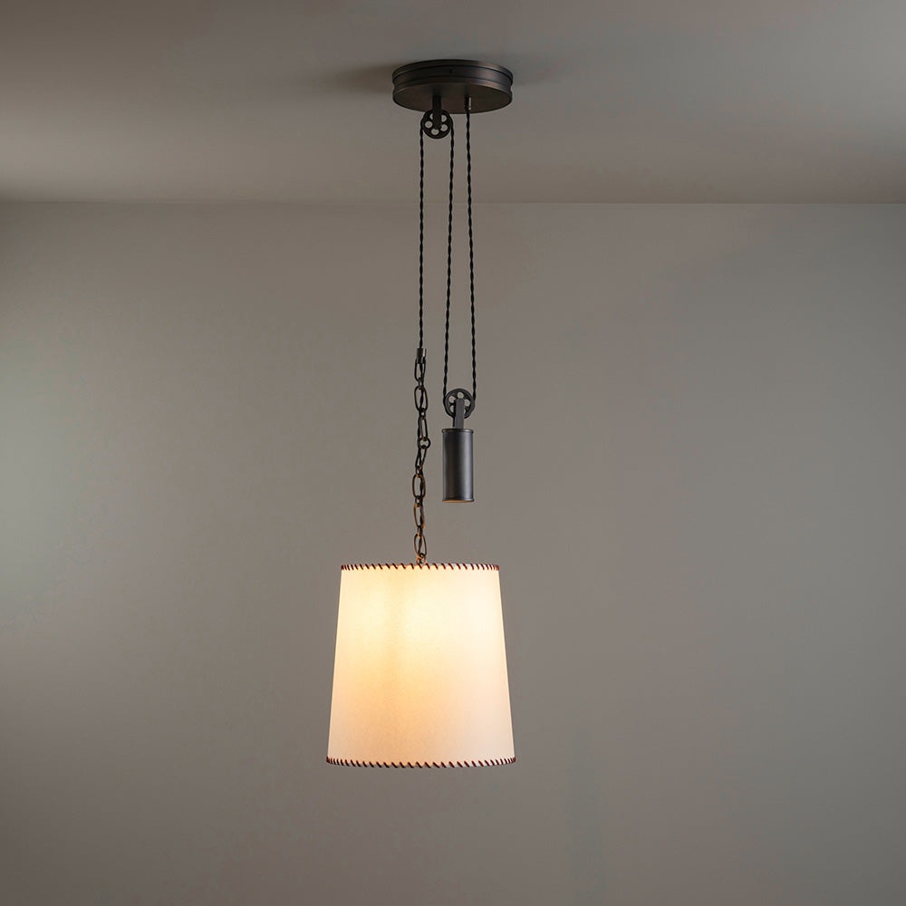 Ceiling Light Rise Pendant, Brass with Empire Natural Parchment Lamp Shade with Maroon Stitching, With Lights 'ON' - By NiX