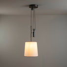 Ceiling Light Rise Pendant, Brass with Empire Natural Parchment Lamp Shade with Maroon Stitching, With Lights 'ON' - By NiX