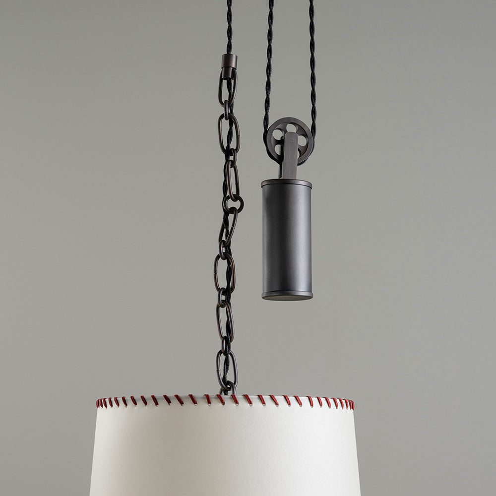 Ceiling Light Rise Pendant, Brass with Empire Natural Parchment Lamp Shade with Maroon Stitching, Pendant Closeup - By Nicola Harding & Co.