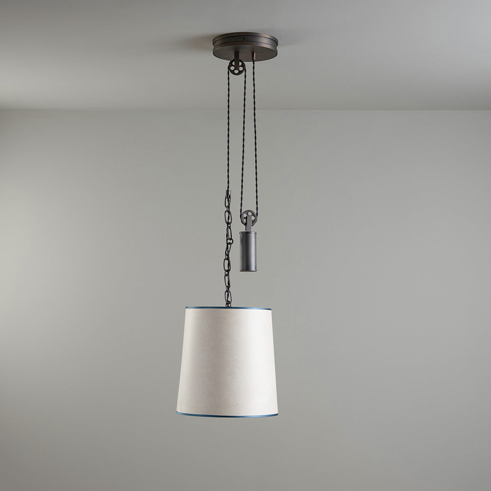 Rise Pendant, Brass with Empire Natural Parchment Lamp Shade with Blue Trim, Hanging From Ceiling - By NiX