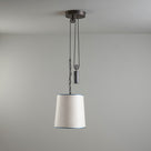 Rise Pendant, Brass with Empire Natural Parchment Lamp Shade with Blue Trim, Hanging From Ceiling - By NiX