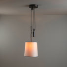 Rise Pendant, Brass with Empire Natural Parchment Lamp Shade with Blue Trim, Hanging From Ceiling With Lights 'ON' - By NiX