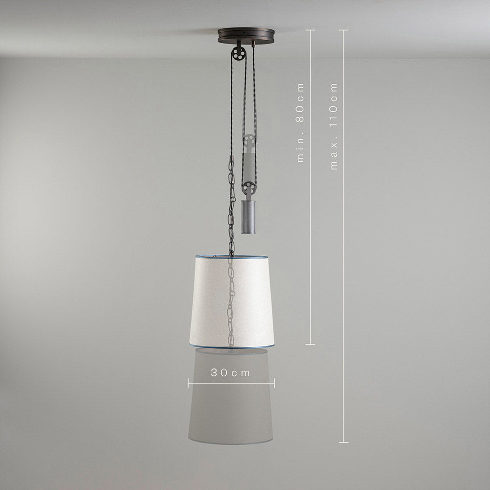 Dimensions in 'cm' of Rise Pendant Ceiling Light in Brass, With Empire Natural Parchment Lamp Shade with Blue Trim, Height 110cm and Width 30cm – By NiX