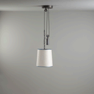 Adjustable Ceiling Light Rise Pendant, Brass with Empire Natural Parchment Lamp Shade with Maroon Stitching Showing Height Adjustment – GIF By NiX