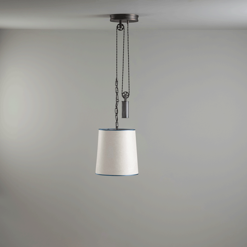 Adjustable Rise Pendant, Brass of Ceiling Light Showing Height and Direction Adjustment of Light With Lampshade – GIF