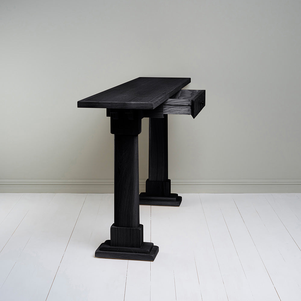 Side view with open drawer of Keepsake Black Console Table
