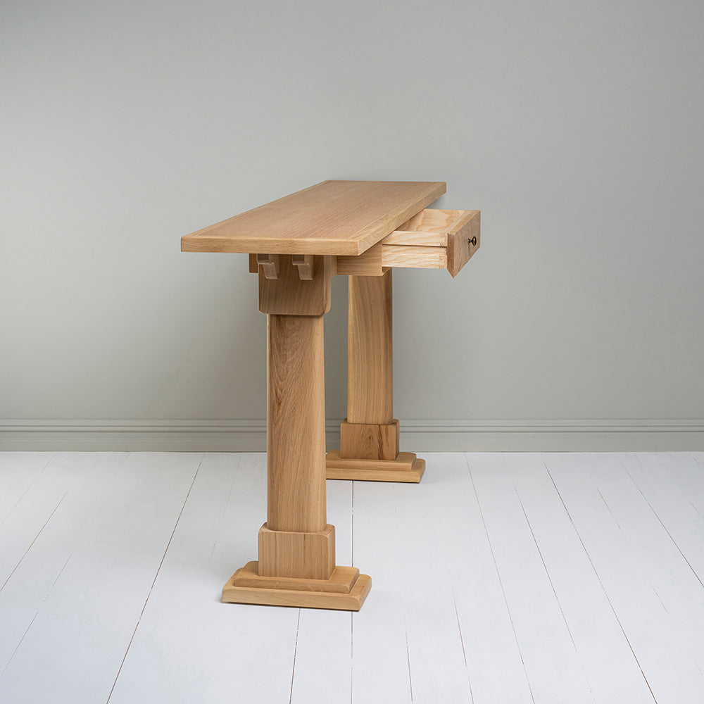 Side view with open drawer of Keepsake Console Table, Oiled Oak - Nicola Harding