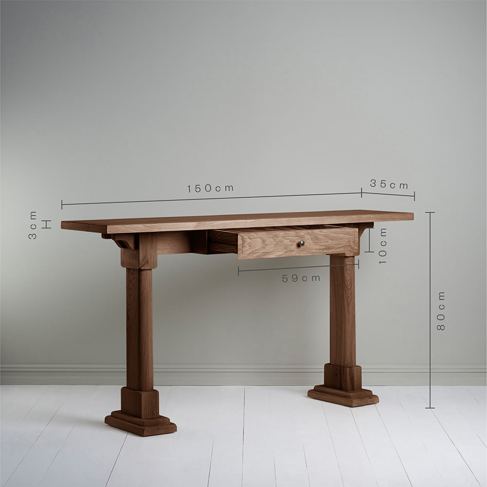 Dimensions of the Console Table in smoky stained oak by Nicola Harding: height 80 cm, length 150 cm, width 35 cm, shelf thickness 3 cm, drawer length 59 cm, and drawer height 10 cm.