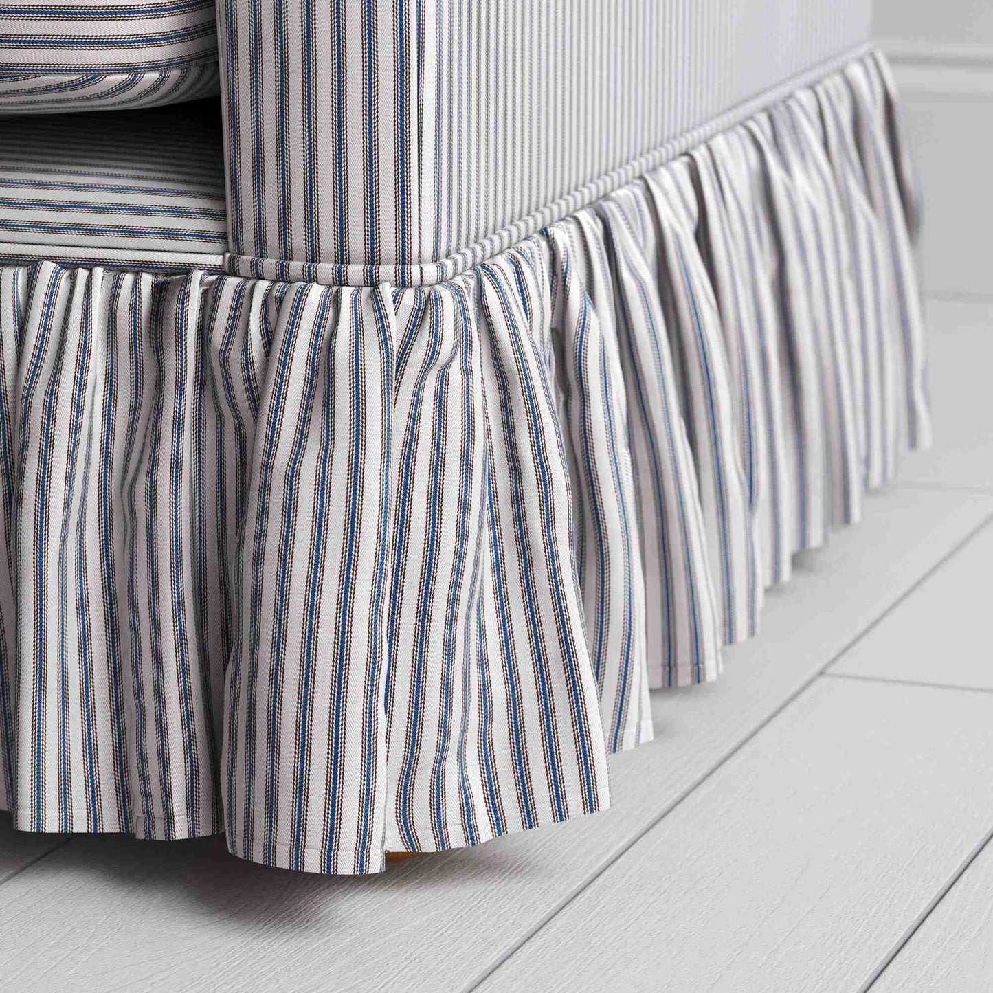 Curtain Call Sofa in Ticking Blue Brown, With Curtain Design Closeup - NiX
