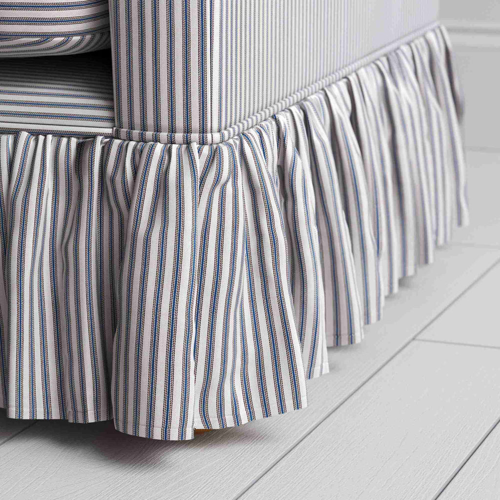 Curtain Call Sofa in Ticking Blue Brown, With Curtain Design Closeup - NiX