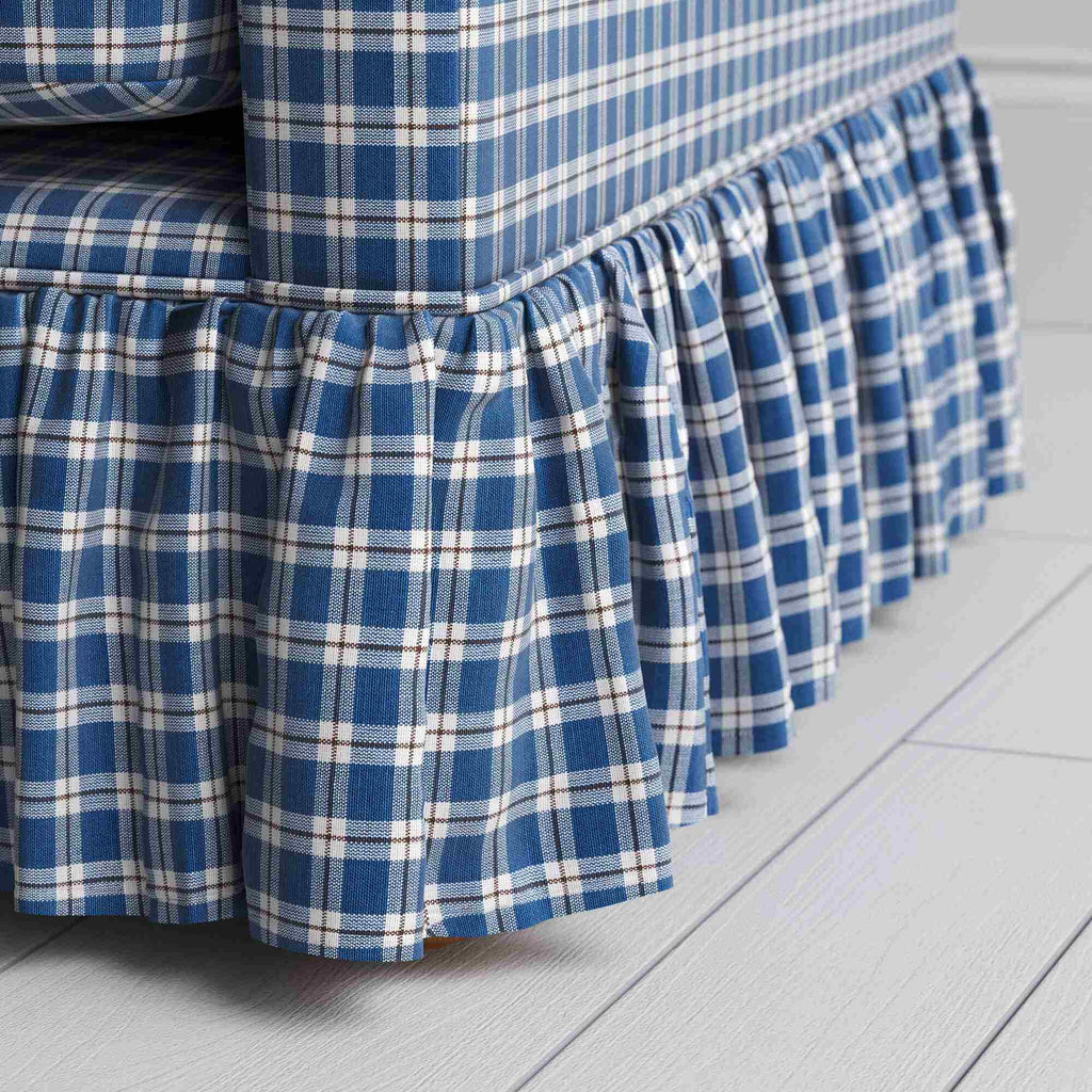 Curtain Call Sofa in Well Plaid Cotton, Blue Brown Fabric, With Our Curtain Design Closeup - By NiX