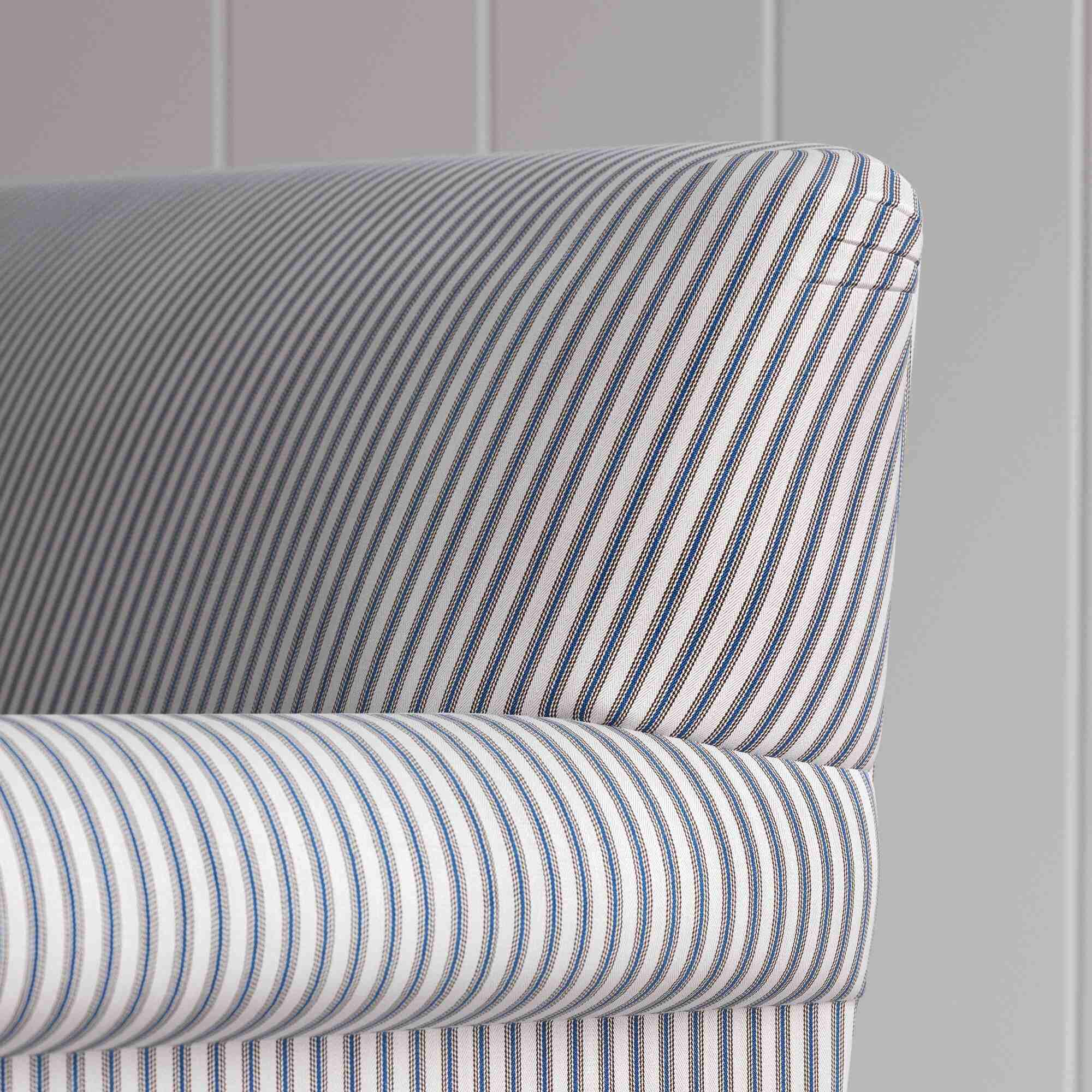 Curtain Call Sofa, in Ticking Blue Brown With Arm and Back Design Closeup - NiX