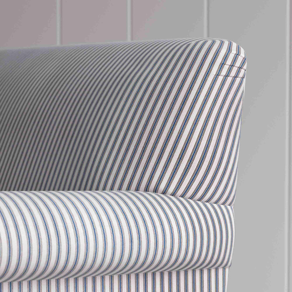 Curtain Call Sofa, in Ticking Blue Brown With Arm and Back Design Closeup - NiX