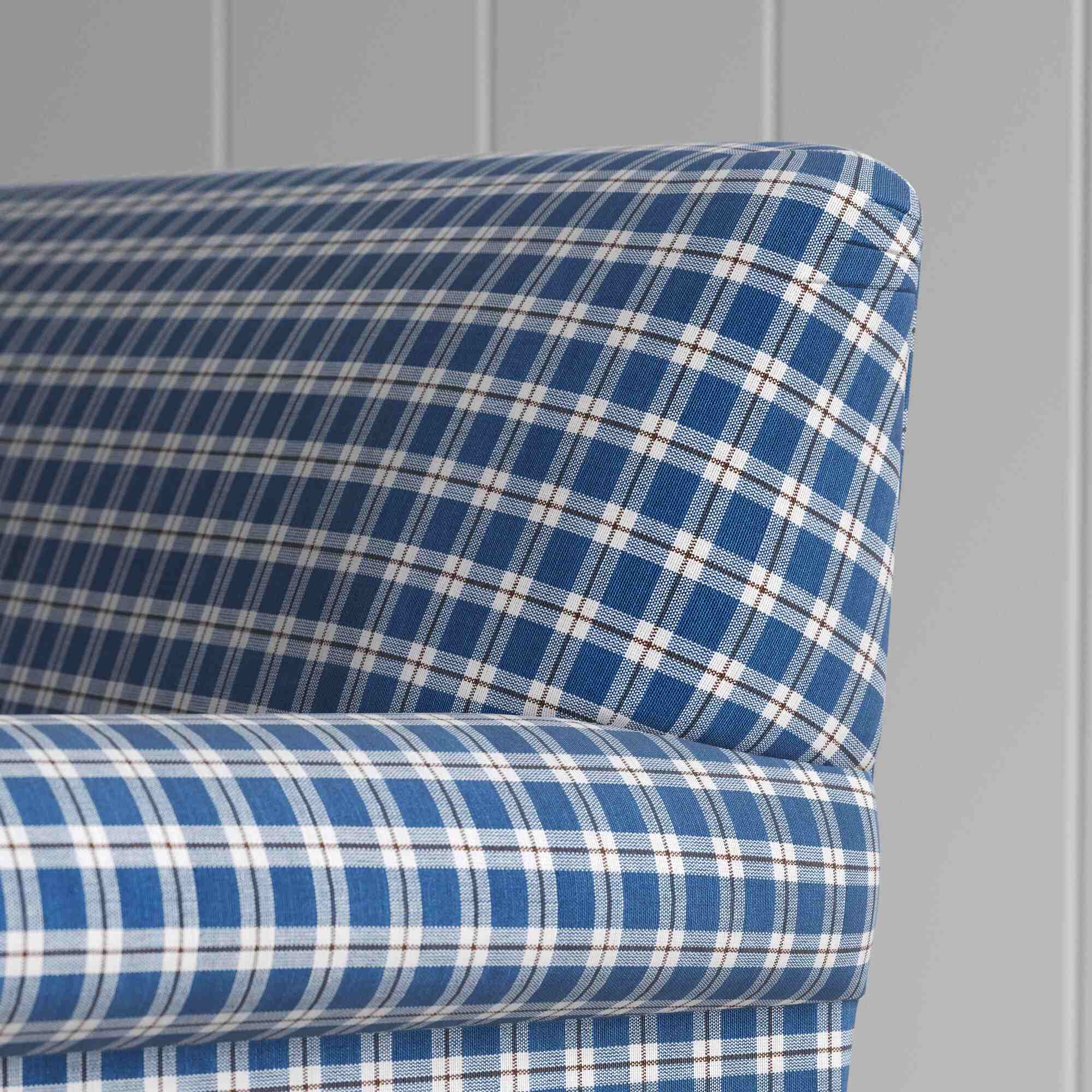 Curtain Call Sofa in Well Plaid Cotton, Blue Brown Fabric, With Arm & Back Closeup - NiX