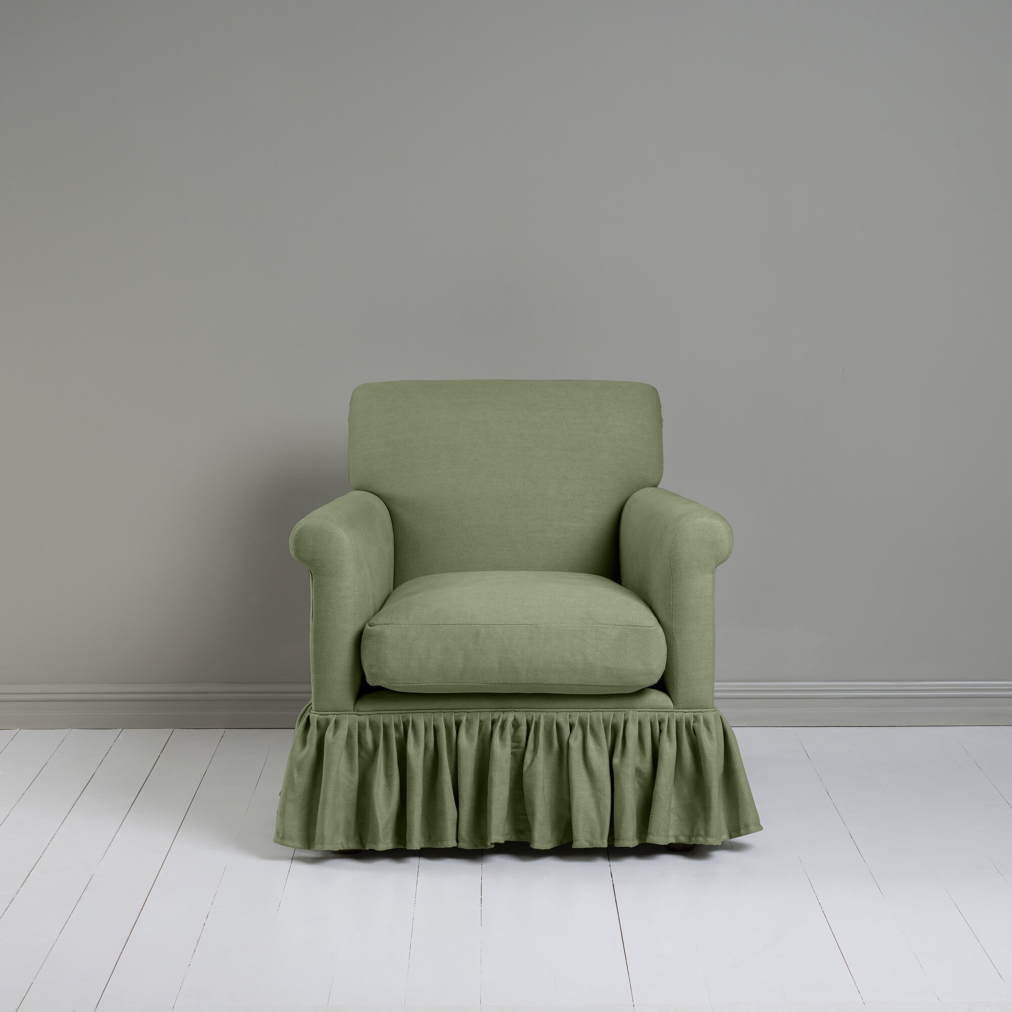 Curtain Call Armchair in Laidback Linen Moss Front View -NiX