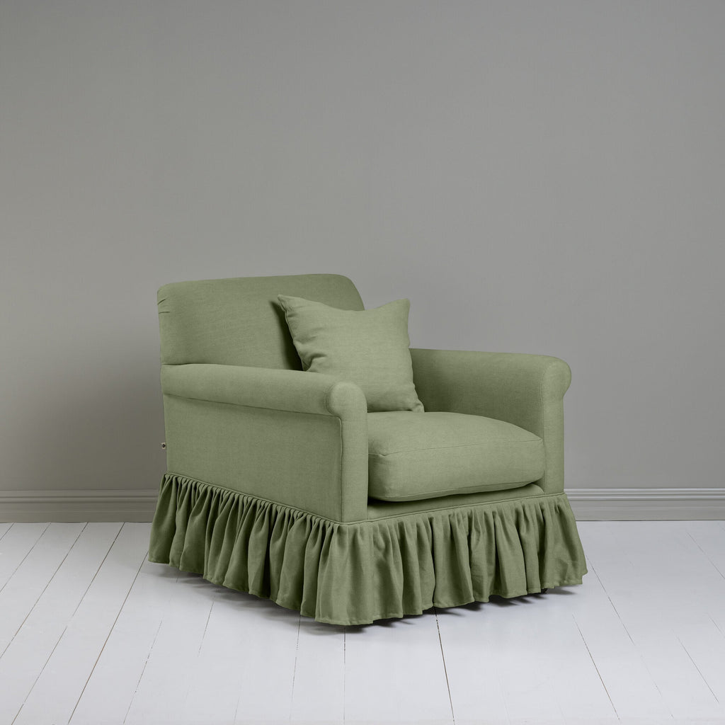 Curtain Call Armchair in Laidback Linen Moss With Cushion and Side View -NiX