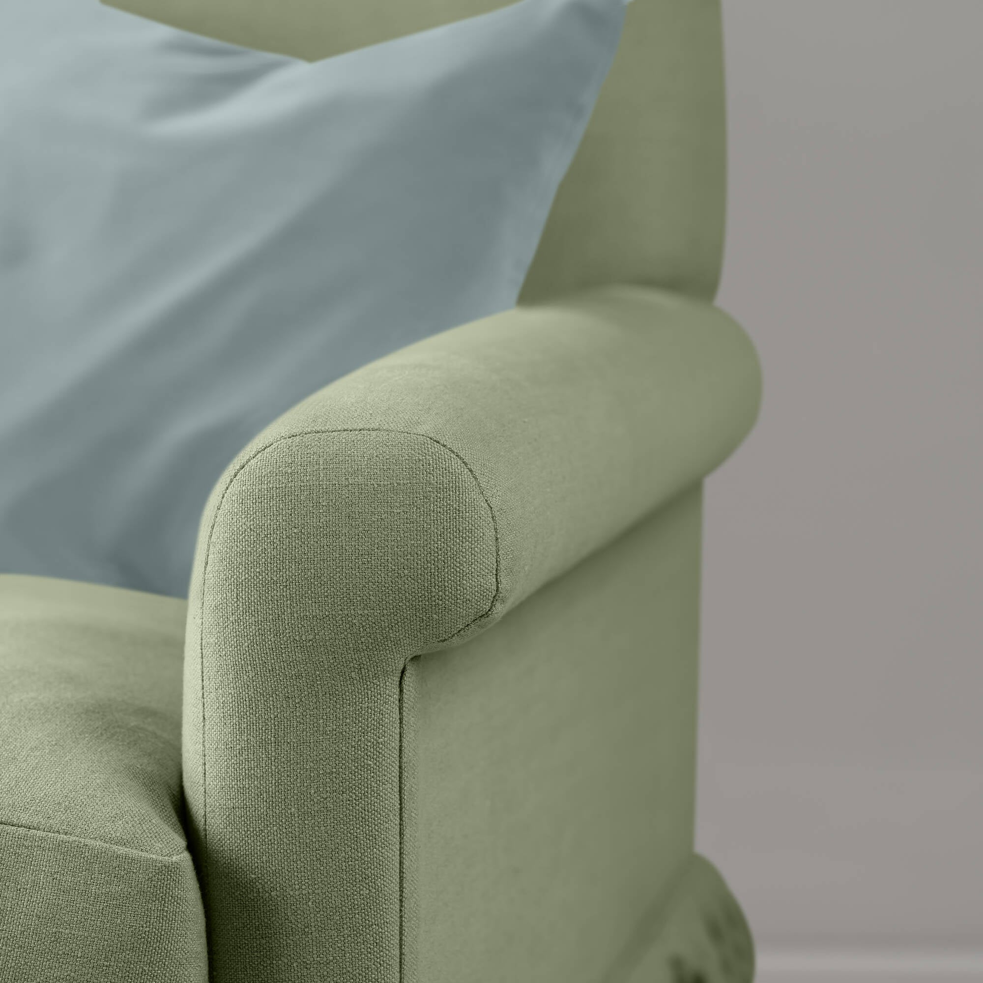 Curtain Call Armchair in Laidback Linen Moss Arm Closeup -NiX