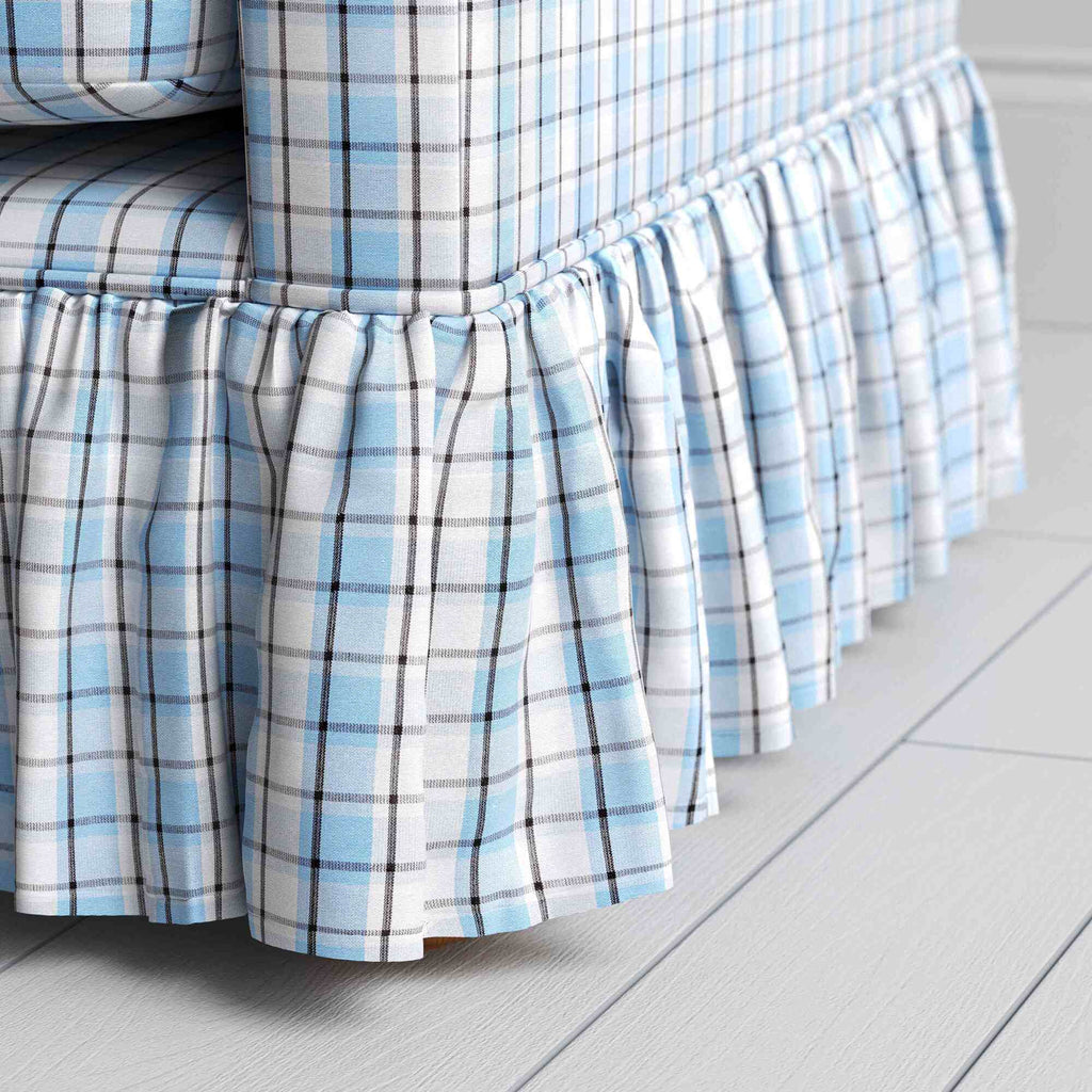 Curtain Call Sofa in Square Deal Cotton, Blue Brown, Fabric With Curtain Design Closeup - NiX