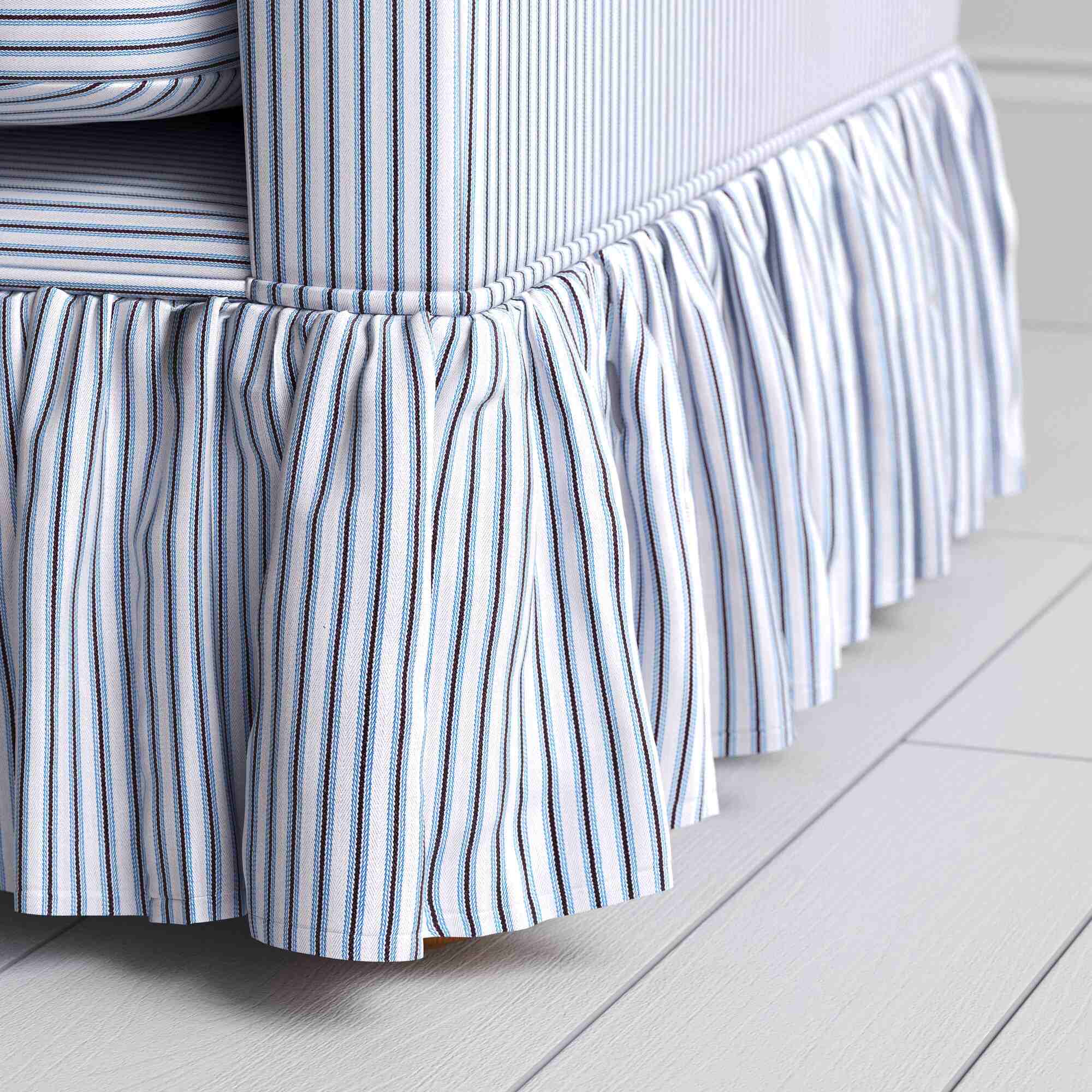 Curtain Call Love Seat in Ticking Cotton, Aqua Brown, Curtain Design Closeup - NiX