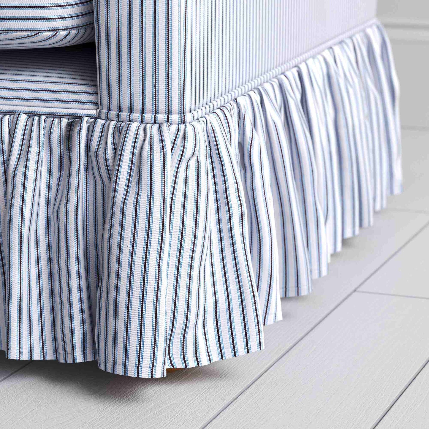 Curtain Call Love Seat in Ticking Cotton, Aqua Brown, Curtain Design Closeup - NiX
