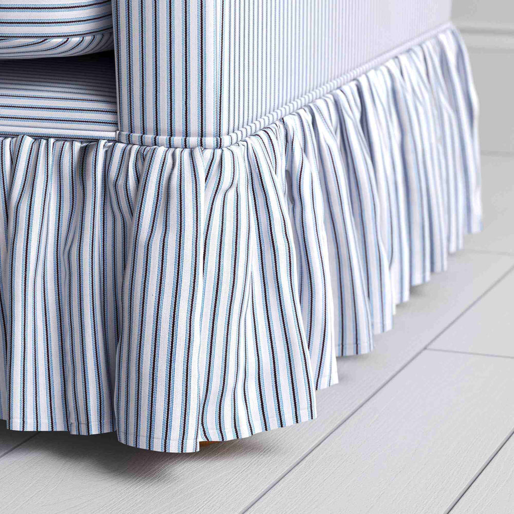 Curtain Call Love Seat in Ticking Cotton, Aqua Brown, Curtain Design Closeup - NiX