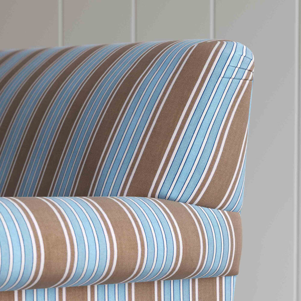 Curtain Call Love Seat in Regatta Cotton, Blue, Arm and Back Design Closeup - NiX