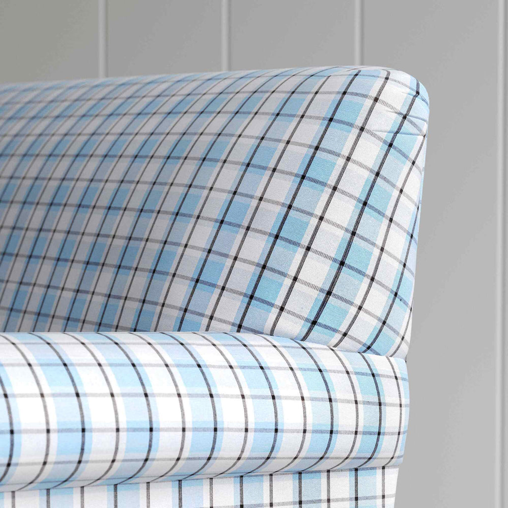 Curtain Call Love Seat in Square Deal Cotton, Blue Brown, Arm and Back Design Closeup - NiX