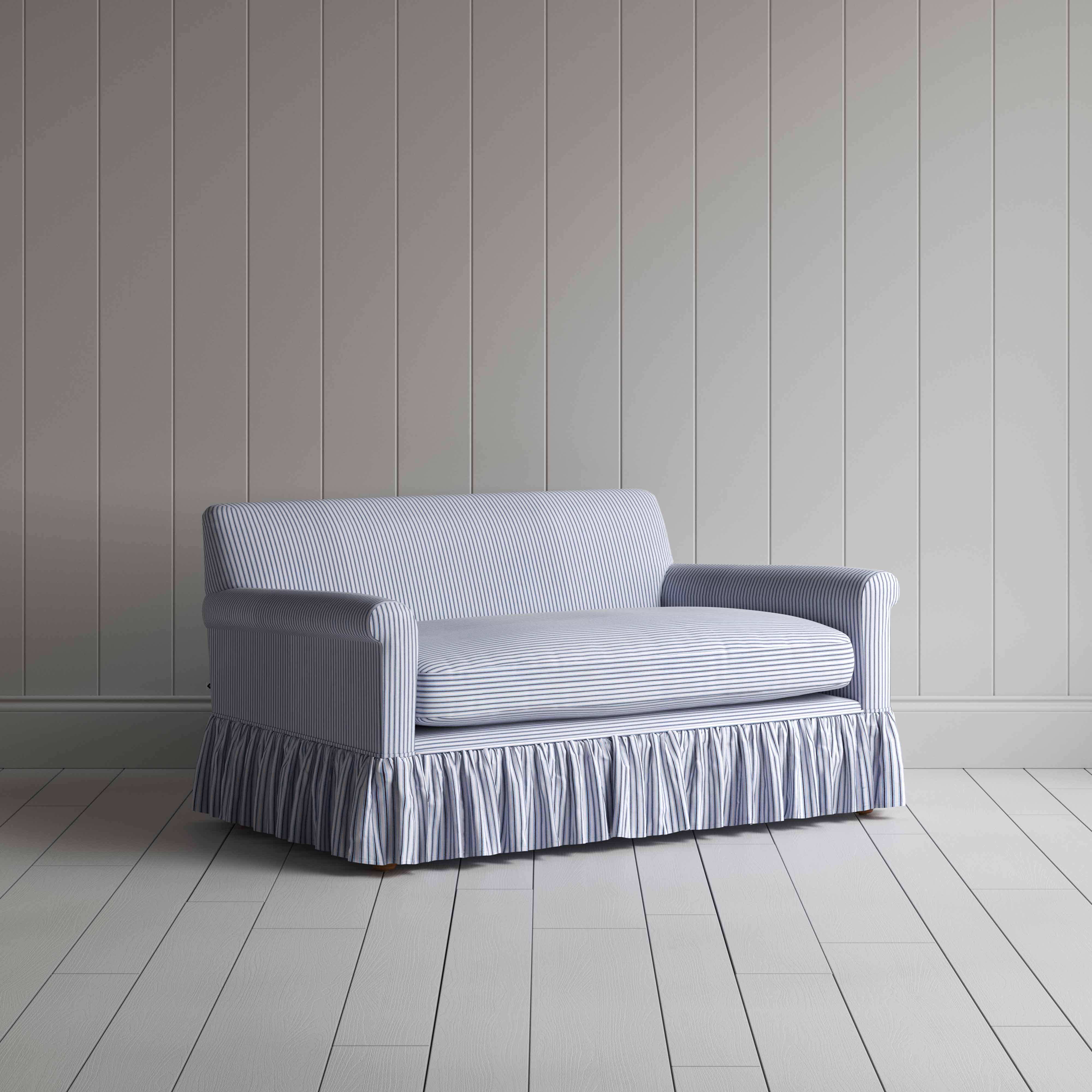 Curtain Call 2 Seater Sofa in Ticking Cotton, Aqua Brown - Nicola Harding